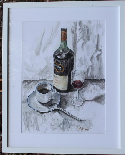 Stilleben - portvinsflaske, glas og kaffekop